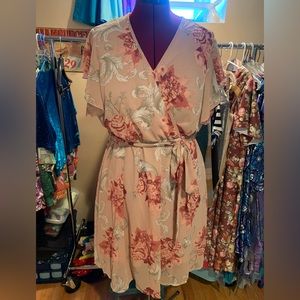 Shein Curve Pale Pink Floral Print Wrap Dress